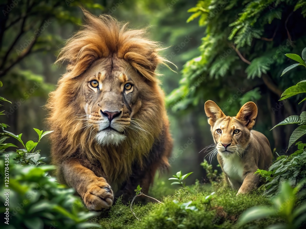 Fototapeta premium Lion Hunting Rabbit in Lush Green Forest - Dramatic Wildlife Photography