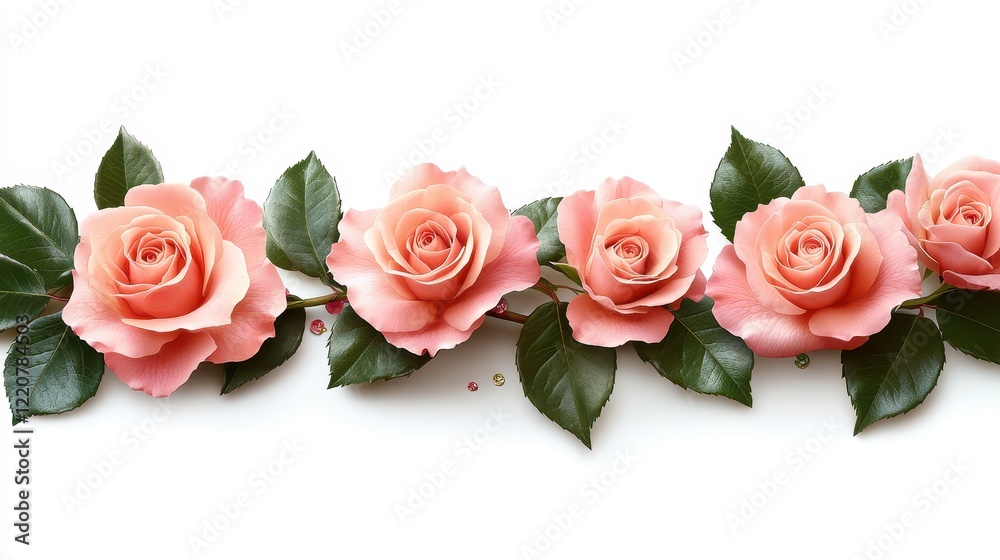 Romantic rose flower frame with confetti on white background for weddings and celebrations Romantic rose flower frame with confetti on white background for weddings and celebrations