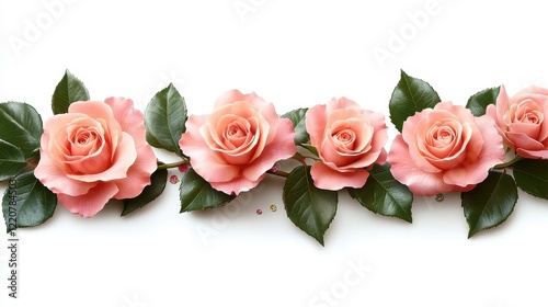 Romantic rose flower frame with confetti on white background for weddings and celebrations