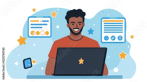 A young man participating in an online customer feedback survey for a tech gadget on a laptop. 