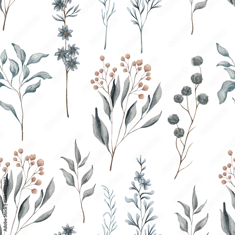 Obraz premium Watercolor floral seamless pattern with dried leaves, blue and beige blush flowers, leaf branches. Wedding invitations, backgrounds, wallpapers, fashion, prints, fabric