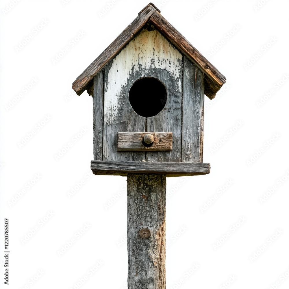Rustic Wooden Birdhouse on a Post with Weathered Appearance and Simple Design, Ideal for Garden or Nature Photography Rustic Wooden Birdhouse on a Post with Weathered Appearance and Simple Design, Ideal for Garden or Nature Photography