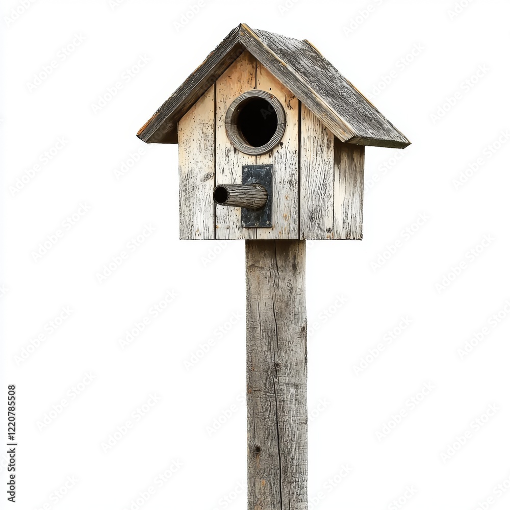 Rustic Wooden Birdhouse with Circular Entrance and Sloping Roof in a Natural Outdoor Setting Rustic Wooden Birdhouse with Circular Entrance and Sloping Roof in a Natural Outdoor Setting