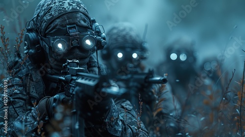 Special Forces Soldier with Assault Rifle in Dark Forest