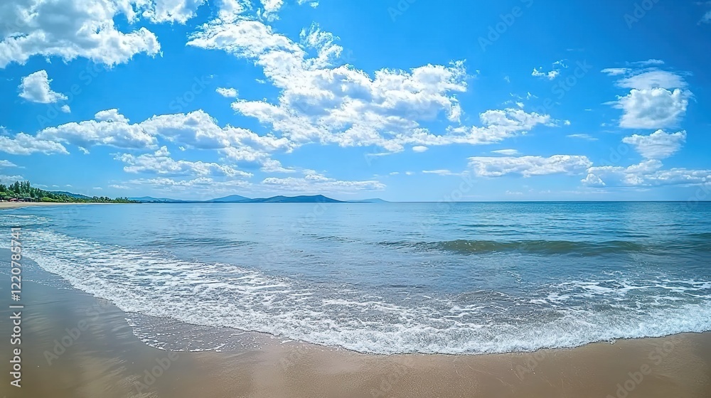 Beautiful beach with a blue sky and white clouds, waves on the sea, clear water, sandy beach background Beautiful beach with a blue sky and white clouds, waves on the sea, clear water, sandy beach background