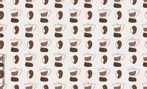 Seamless pattern of coffee beans and coffee makers in the fashionable color of 2025. Vector graphics, linear style. For fabric design, packaging, wallpaper
