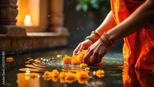 Hands adorned with bangles placing marigold flowers in water as a Hindu religious practice. Festival Vishu celebration. Gudi Padwa, Ugadi, Diwali. Hindu Puja. photo