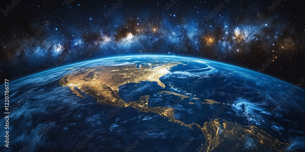 Fototapeta premium A geostationary orbital satellite orbits above Earth, providing a stunning perspective of the continent illuminated by city lights against a backdrop of stars