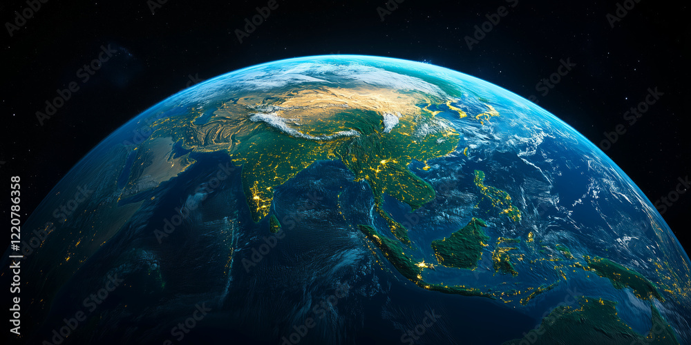 Obraz premium A geostationary orbital satellite captures the stunning view of Earth, showcasing bright city lights, vast oceans, and detailed landforms of Asia and surrounding regions during nighttime