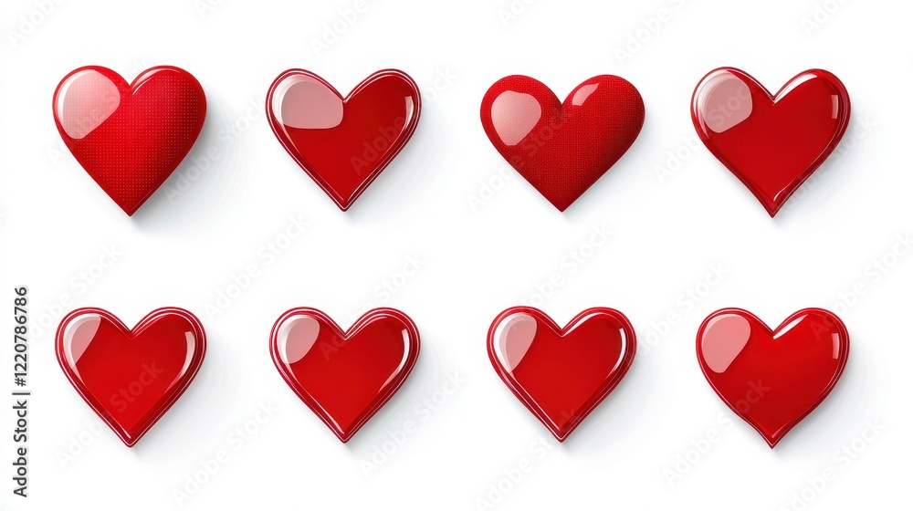 Set of red heart-shaped stickers mockup design for valentine's day and crafts Set of red heart-shaped stickers mockup design for valentine's day and crafts