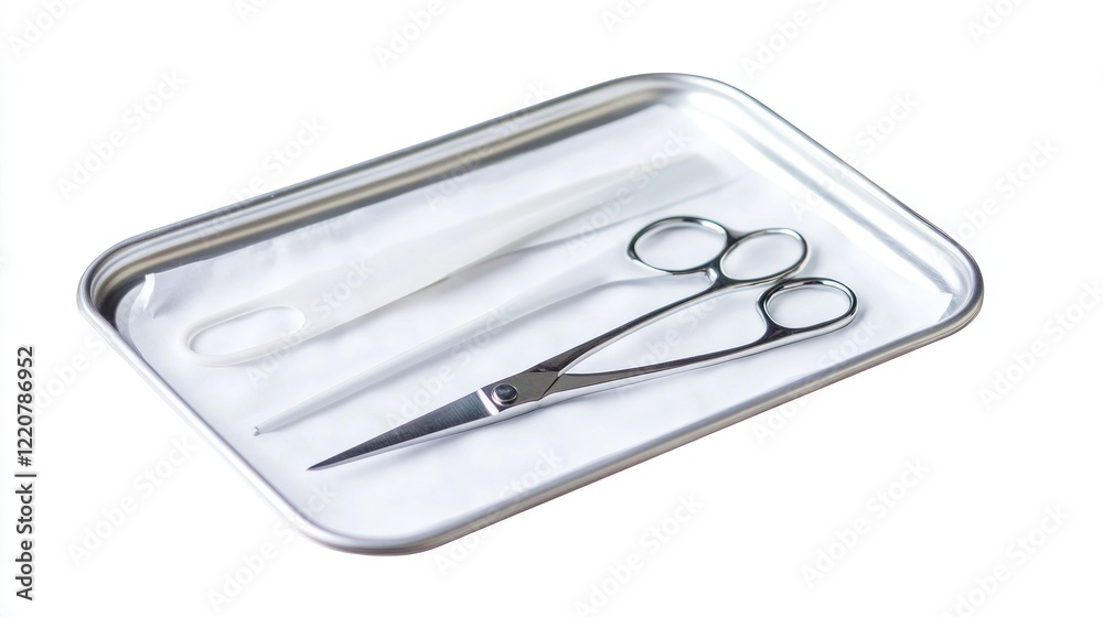 Close-up shot of medical instruments on metal tray with white background studio lighting Close-up shot of medical instruments on metal tray with white background studio lighting