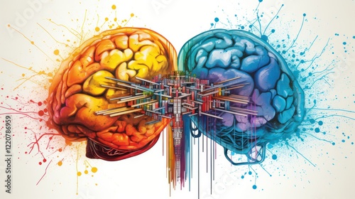 A colorful illustration of the left and right sides of the human brain, with the left side representing logic