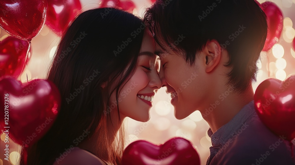 Romantic asian couple celebrating valentine's day surrounded by heart balloons Romantic asian couple celebrating valentine's day surrounded by heart balloons