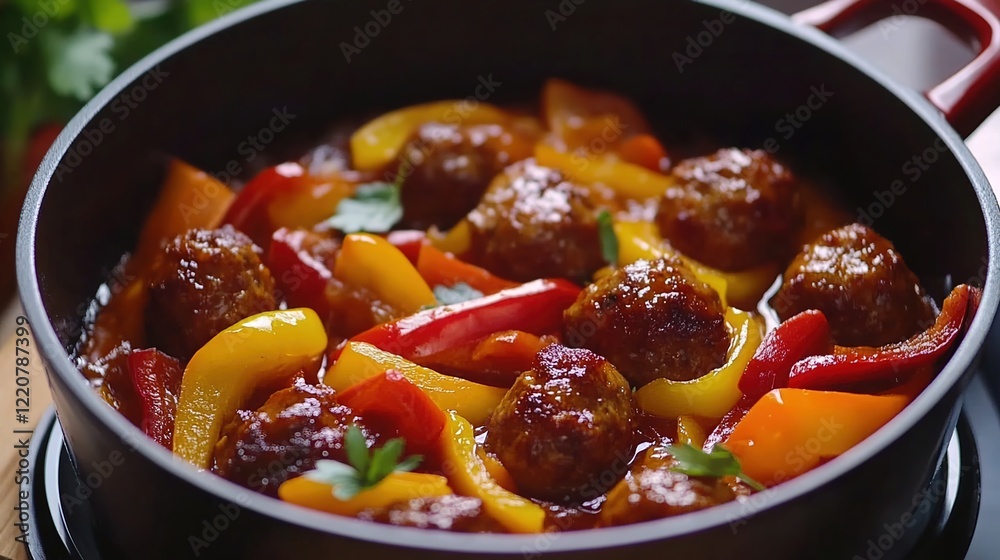 Delicious sweet and sour meatballs with colorful bell peppers in pot Delicious sweet and sour meatballs with colorful bell peppers in pot
