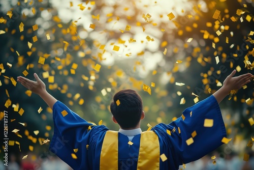 Asian young graduate celebrating with confetti in blue gown outdoors photo