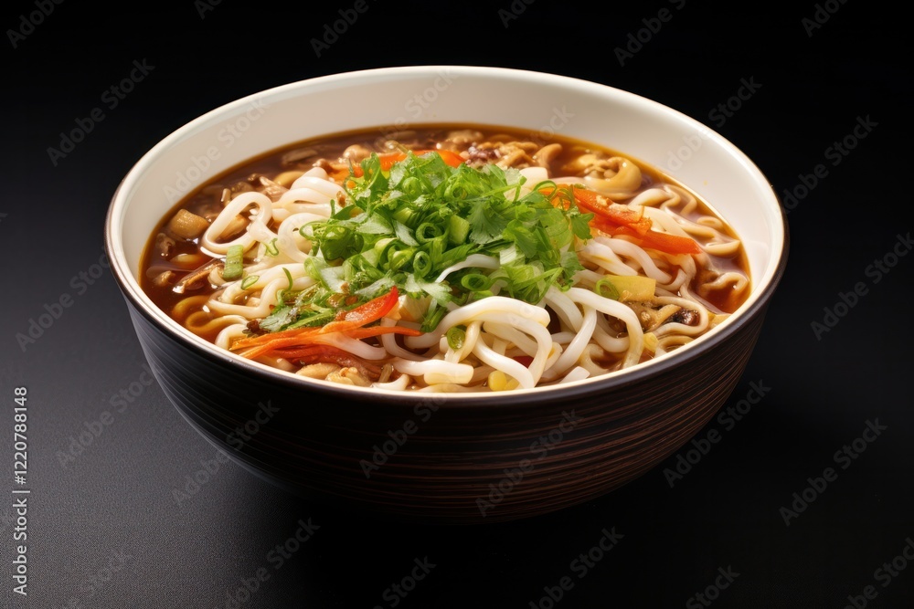 A ramen bowl featuring spicy broth, sliced chili peppers, and crispy garlic, garnished with cilantro and bean sprouts A ramen bowl featuring spicy broth, sliced chili peppers, and crispy garlic, garnished with cilantro and bean sprouts