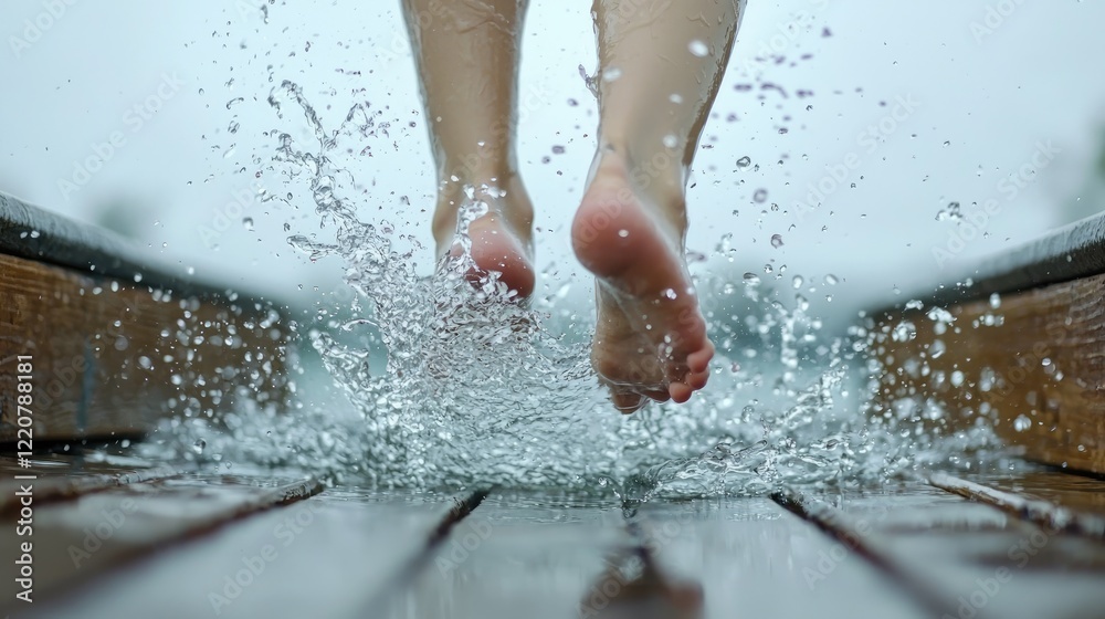 Fototapeta premium A close-up of feet leaving the edge of a dock, just before splashing into the water. 