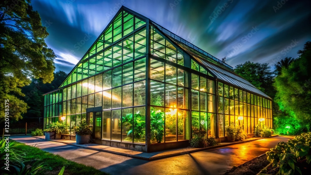 Long Exposure of Lush Green House at Night, Illuminated Interior Long Exposure of Lush Green House at Night, Illuminated Interior