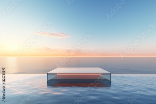 A sleek podium stand floating in crystal-clear swimming pool water with an expansive view of the ocean horizon