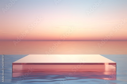 A sleek podium stand floating in crystal-clear swimming pool water with an expansive view of the ocean horizon