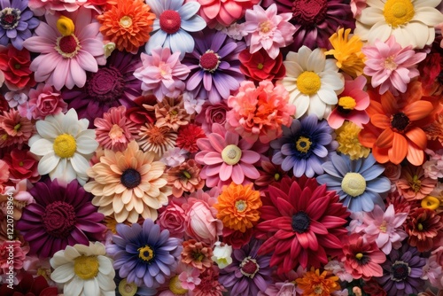 A vibrant wall of mixed flowers in red, orange, pink, purple, green, and white, with petals overlapping