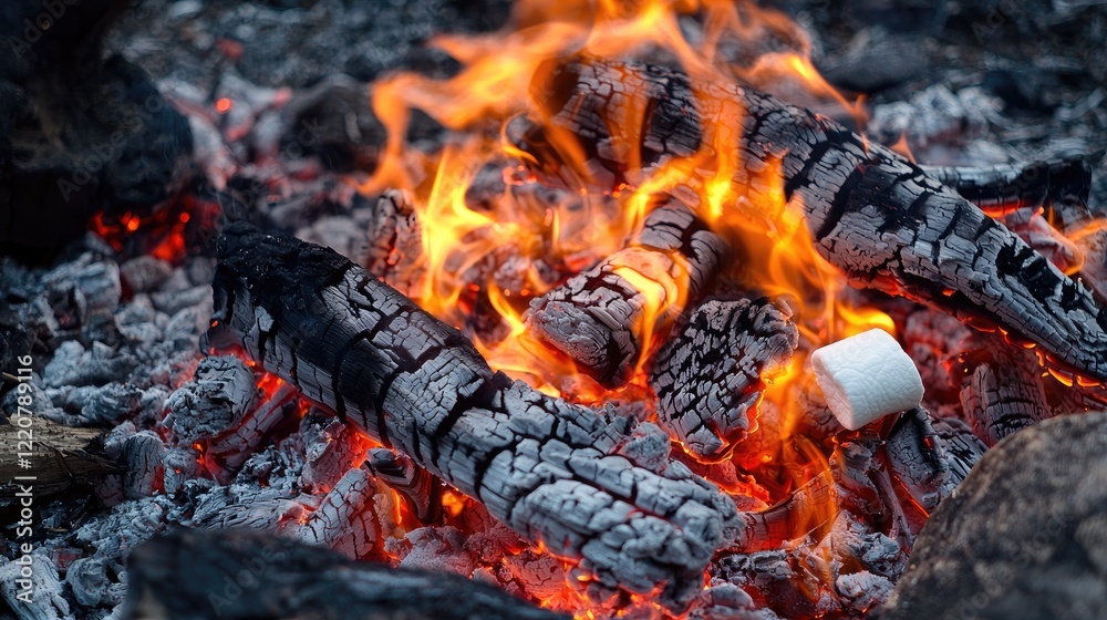 A close-up of marshmallows being roasted over an open campfire with golden flames. A close-up of marshmallows being roasted over an open campfire with golden flames.