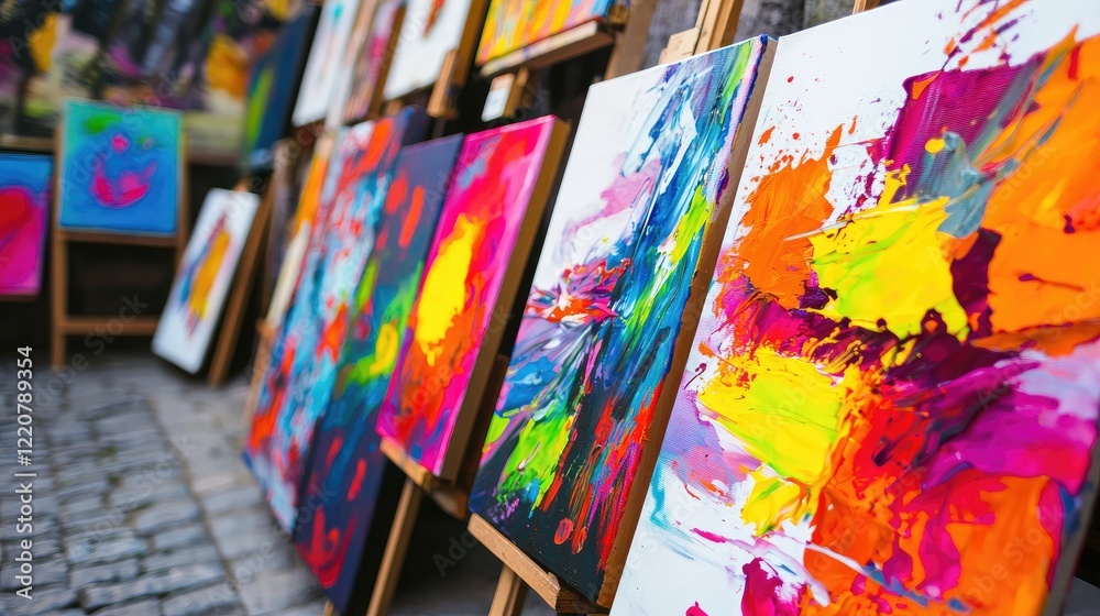 Fototapeta premium A close-up of vibrant paintings displayed at an outdoor market.