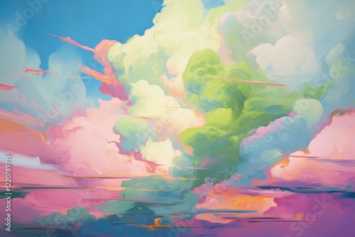 Bold, abstract clouds in neon green, pink, and blue, creating a striking contrast against a lighter background