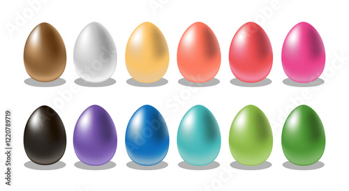 Colorful easter eggs vector graphic. Realistic Easter eggs of different colors. Glossy gradient eggs. Red, Gold, Silver, Black, Green, Blue, Pink. Easter holiday egg hunt realistic decoration.