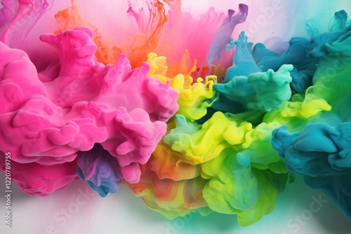 Bold, abstract clouds in neon green, pink, and blue, creating a striking contrast against a lighter background