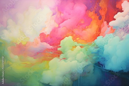 Bold, abstract clouds in neon green, pink, and blue, creating a striking contrast against a lighter background