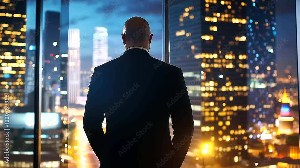 Businessman gazing thoughtfully at a cityscape illuminated by night lights. Businessman gazing thoughtfully at a cityscape illuminated by night lights.