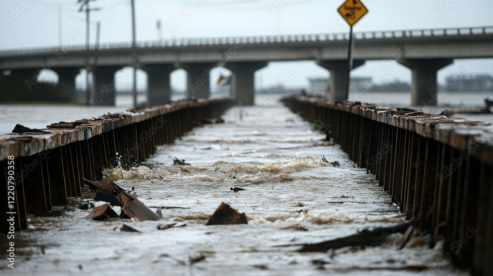 Fototapeta premium Iconic Bridge Partially Submerged by Floodwaters in a Natural Disaster Scene