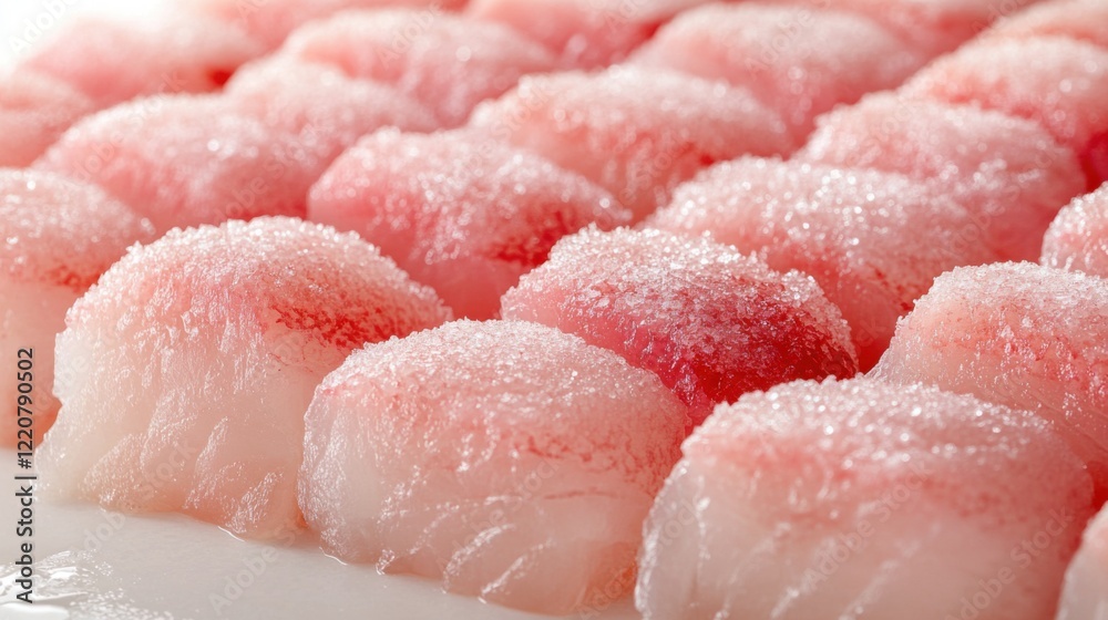 Close-up of beautifully arranged sushi pieces with delicate pink hues and a sprinkle of salt on a white plate Close-up of beautifully arranged sushi pieces with delicate pink hues and a sprinkle of salt on a white plate