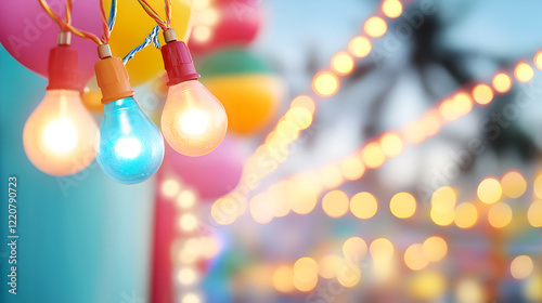 Glowing colorful bulbs surrounded by vibrant bokeh lights, creating an energetic and joyful ambiance. Selective focus. Suitable for festivals, party promotions, event posters, lively branding projects photo