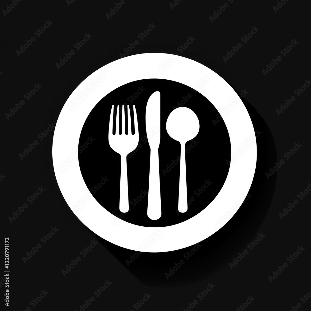 A place setting of fork, knife, and spoon on a plate icon for restaurant use A place setting of fork, knife, and spoon on a plate icon for restaurant use