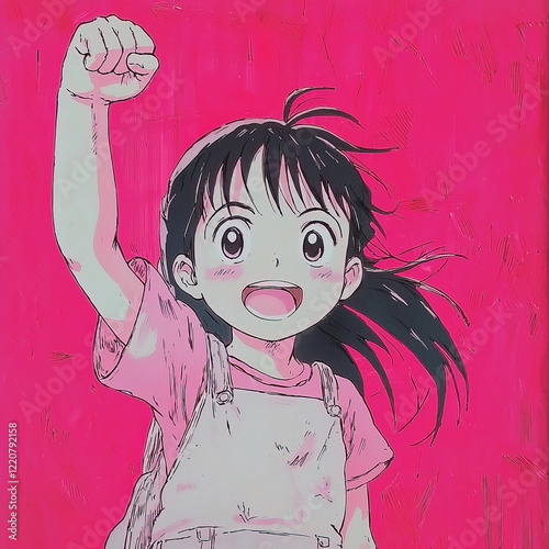 A vibrant anime-style illustration of a cheerful young girl with a bright smile and a confident pose. School girl raising her fist up in the air. Soft and radiant colors.