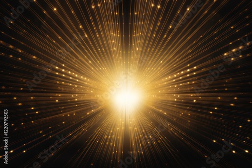 Glowing golden rays of light radiate outward in a symmetrical pattern, set against a stark black canvas, creating a striking visual effect