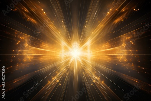Glowing golden rays of light radiate outward in a symmetrical pattern, set against a stark black canvas, creating a striking visual effect