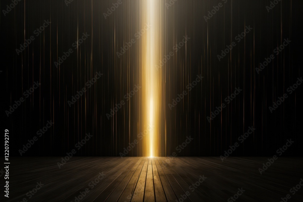 Obraz premium Intense golden beams of light stream vertically down, creating a brilliant effect on a solid black surface
