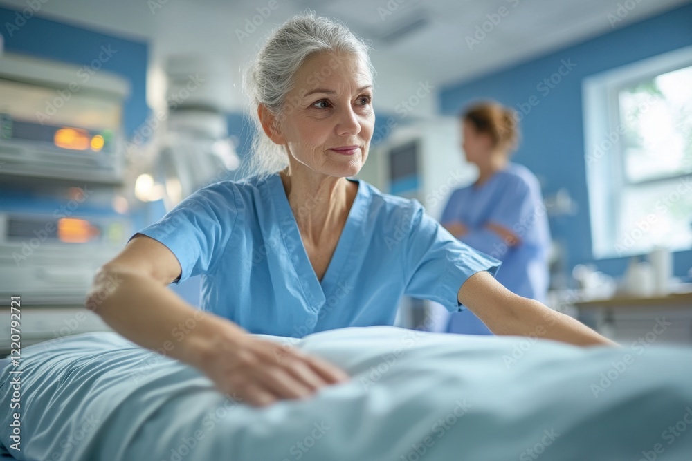 Fototapeta premium Compassionate Elderly Care Gentle Physical Therapy Session, Rehabilitation Progress, Empathy in Action A dedicated therapist guides an elderly patient through a recovery program, focusing on