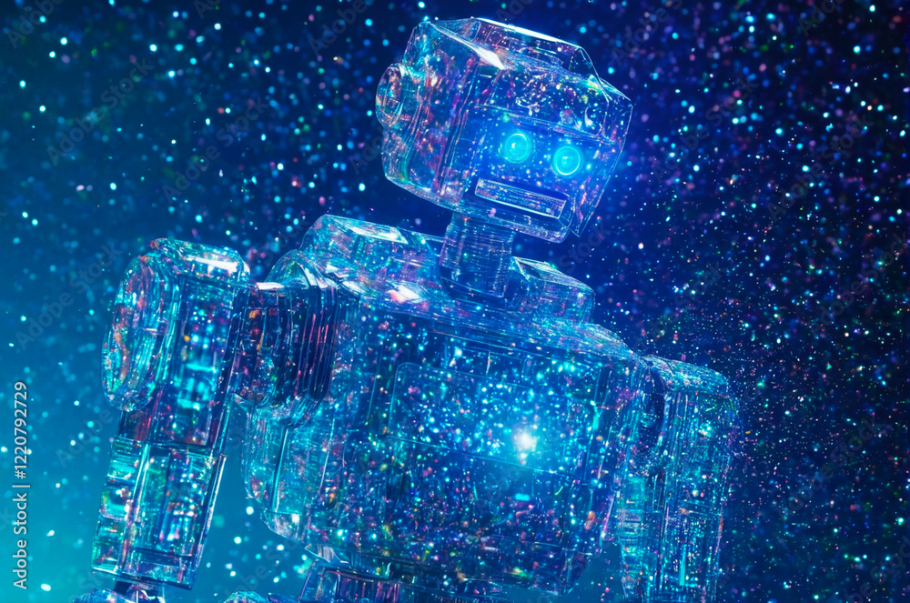 Naklejka premium Holographic robot made of many particles. Generative AI.