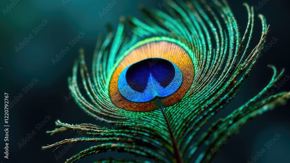 Obraz premium A detailed close-up of a vibrant peacock feather against a dark background. Symbol of Hindu god Lord Krishna. Krishna Janmashtami