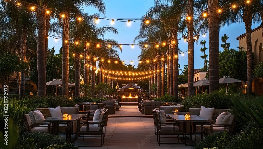Naklejka premium A stunning outdoor dining area at The Ritz-Carlton in San Diego, California, with string lights and comfortable seating areas. 