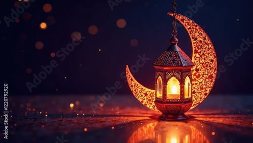 A lit decorative clantern is juxtaposed with a ornate crescent moon on a reflective surface. Muslim holy month Ramadan Kareem concept.  photo