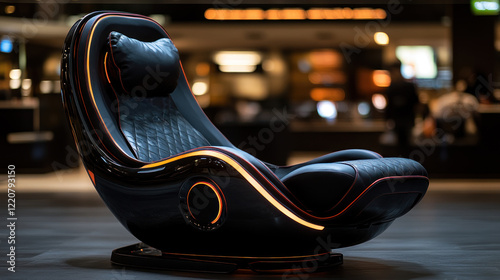 Futuristic black leather lounge chair with glowing accents in modern airport terminal. photo