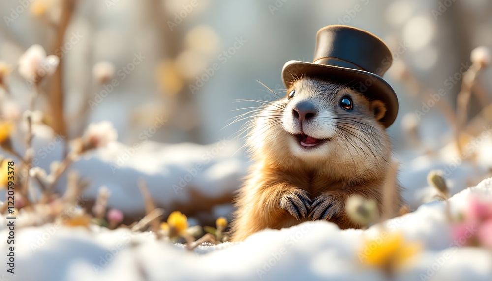Fototapeta premium Happy Prairie Dog in Top Hat Snowy Springtime Setting
