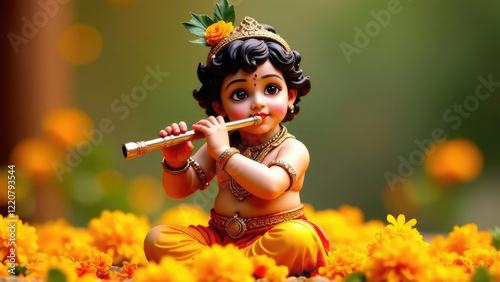 A charming representation of baby Krishna playing the flute amidst a vibrant display of marigolds. Krishna Janmashtami, Govardhan Puja, Vasubaras. Indian religious festival photo