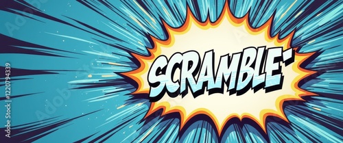A vibrant comic book explosion features the bold word SCRAMBLE in striking typography, radiating energy and excitement. The vivid blue background and sharp lines create a sense of movement, making