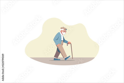 Old man with a cane isolated on white background. Vector illustration.